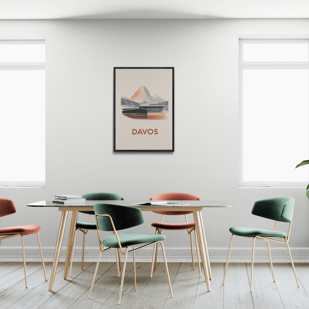 Davos – Alpine Elegance - Poster displayed in a modern dining room featuring stylish chairs and bright windows.