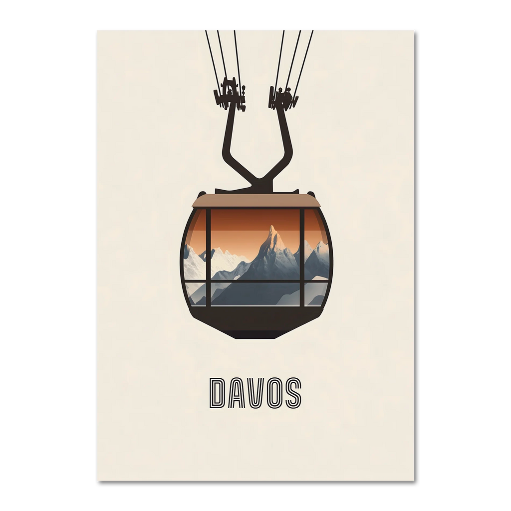 Davos – Cable Car Journey - Poster featuring a minimalist illustration of a cable car over mountains.
