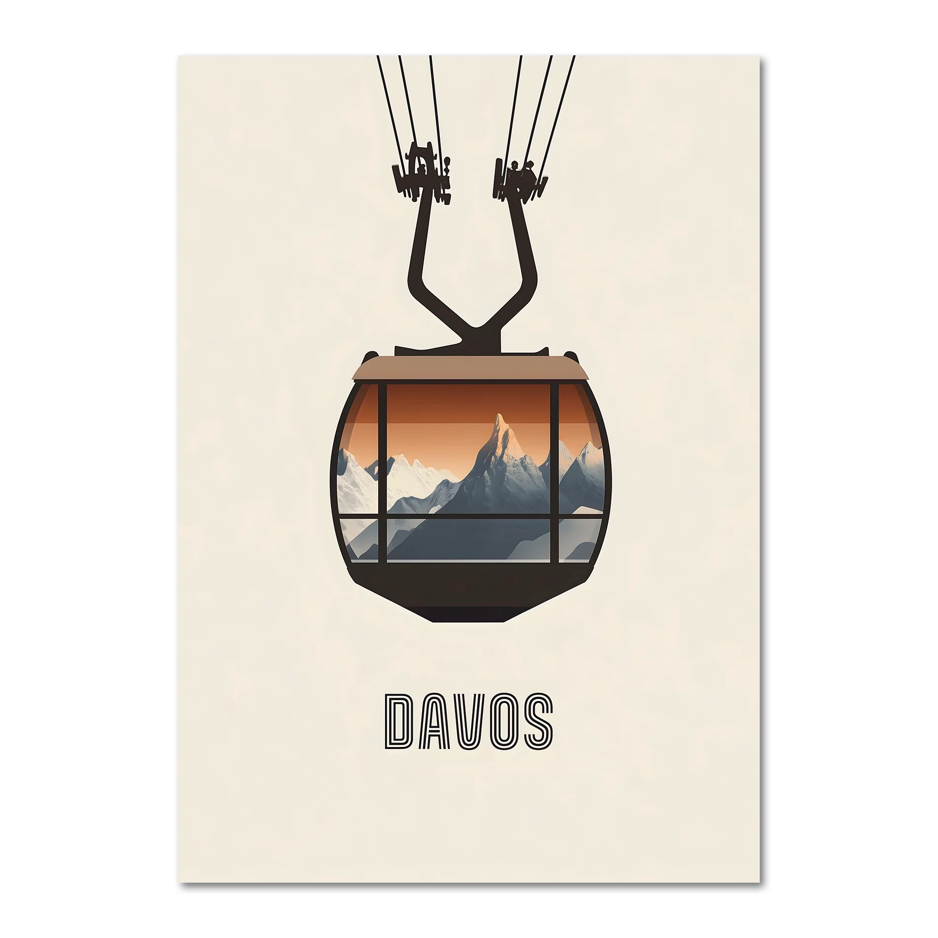 Davos – Cable Car Journey - Poster featuring a minimalist illustration of a cable car over mountains.