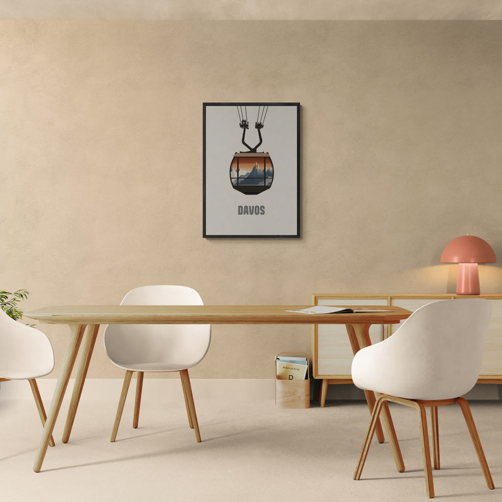 Davos – Cable Car Journey - Poster displayed in a modern minimalistic room with a wooden table and white chairs.