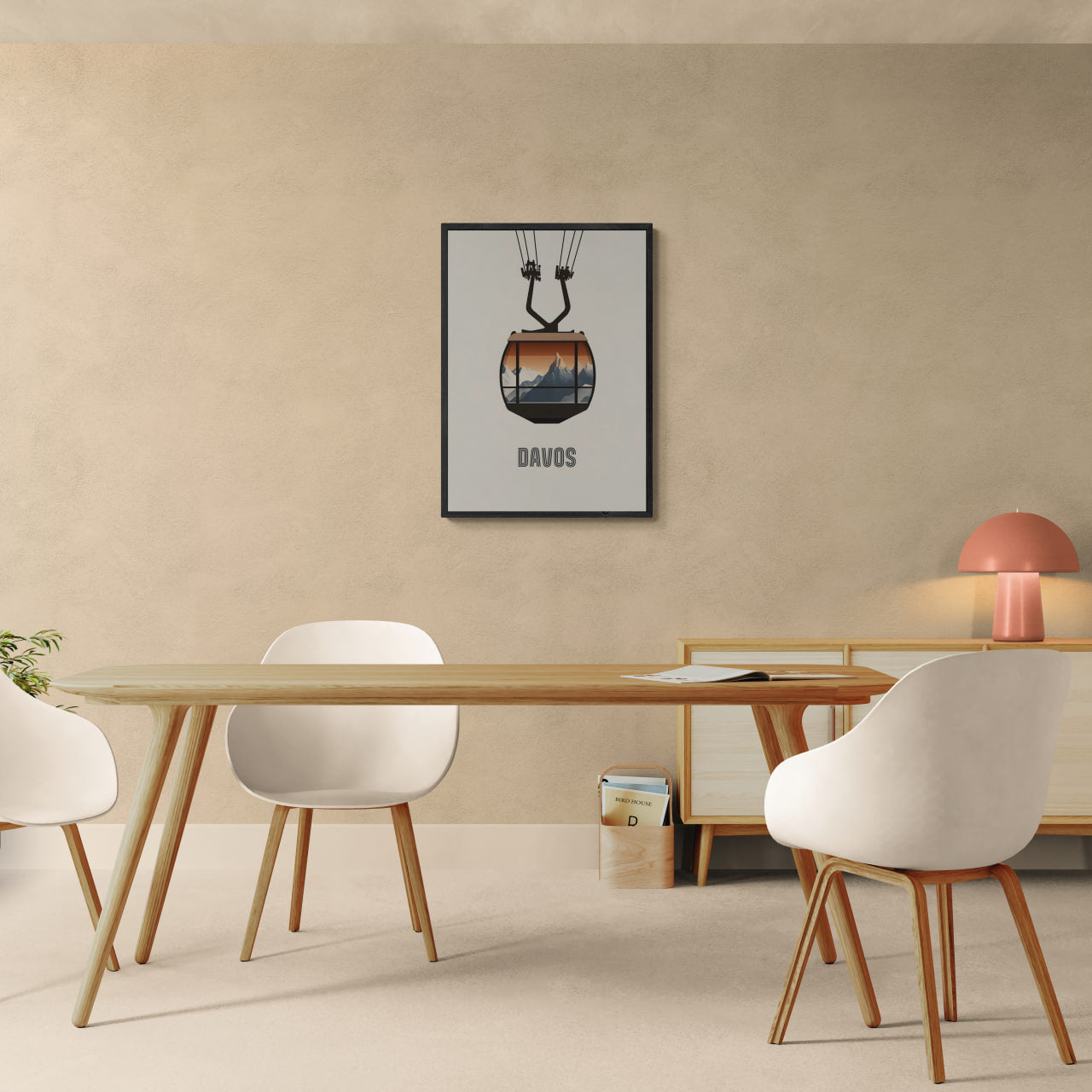 Davos – Cable Car Journey - Poster displayed in a modern minimalistic room with a wooden table and white chairs.