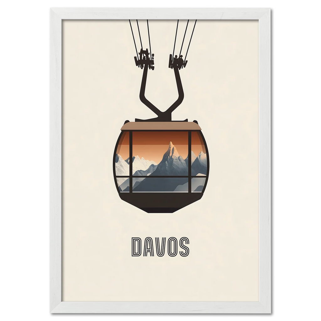 Davos – Cable Car Journey - Poster featuring a cable car against a sunrise over mountain peaks.