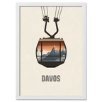 Davos – Cable Car Journey - Poster featuring a cable car against a sunrise over mountain peaks.