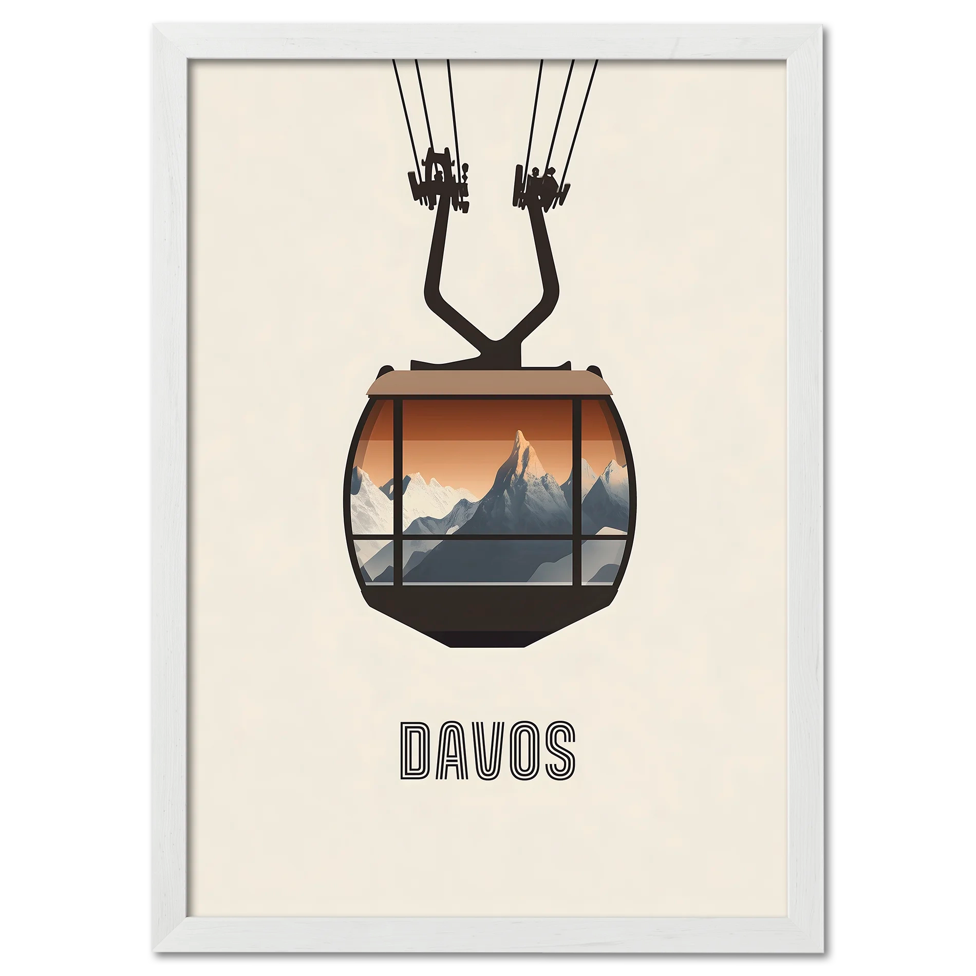 Davos – Cable Car Journey - Poster featuring a cable car against a sunrise over mountain peaks.