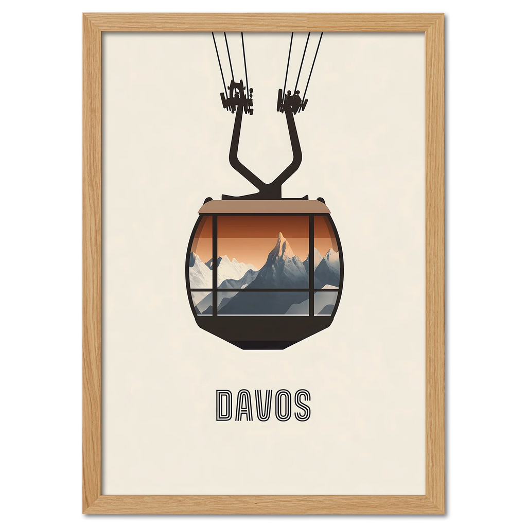 Davos – Cable Car Journey - Poster featuring a minimalist illustration of a cable car and mountains.