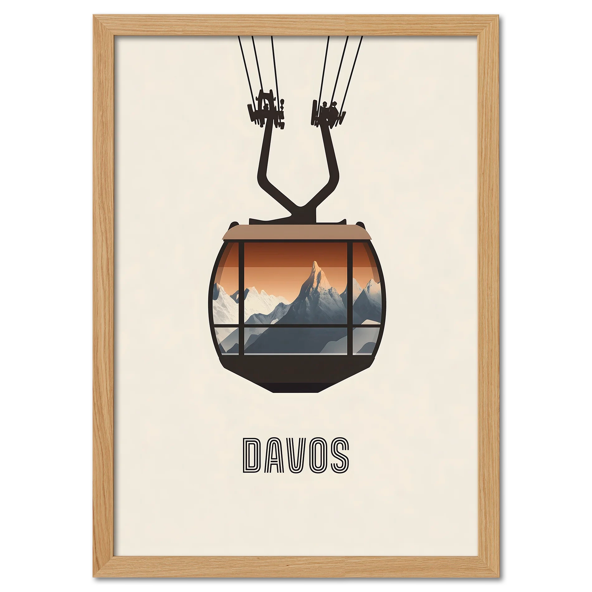 Davos – Cable Car Journey - Poster featuring a minimalist illustration of a cable car and mountains.