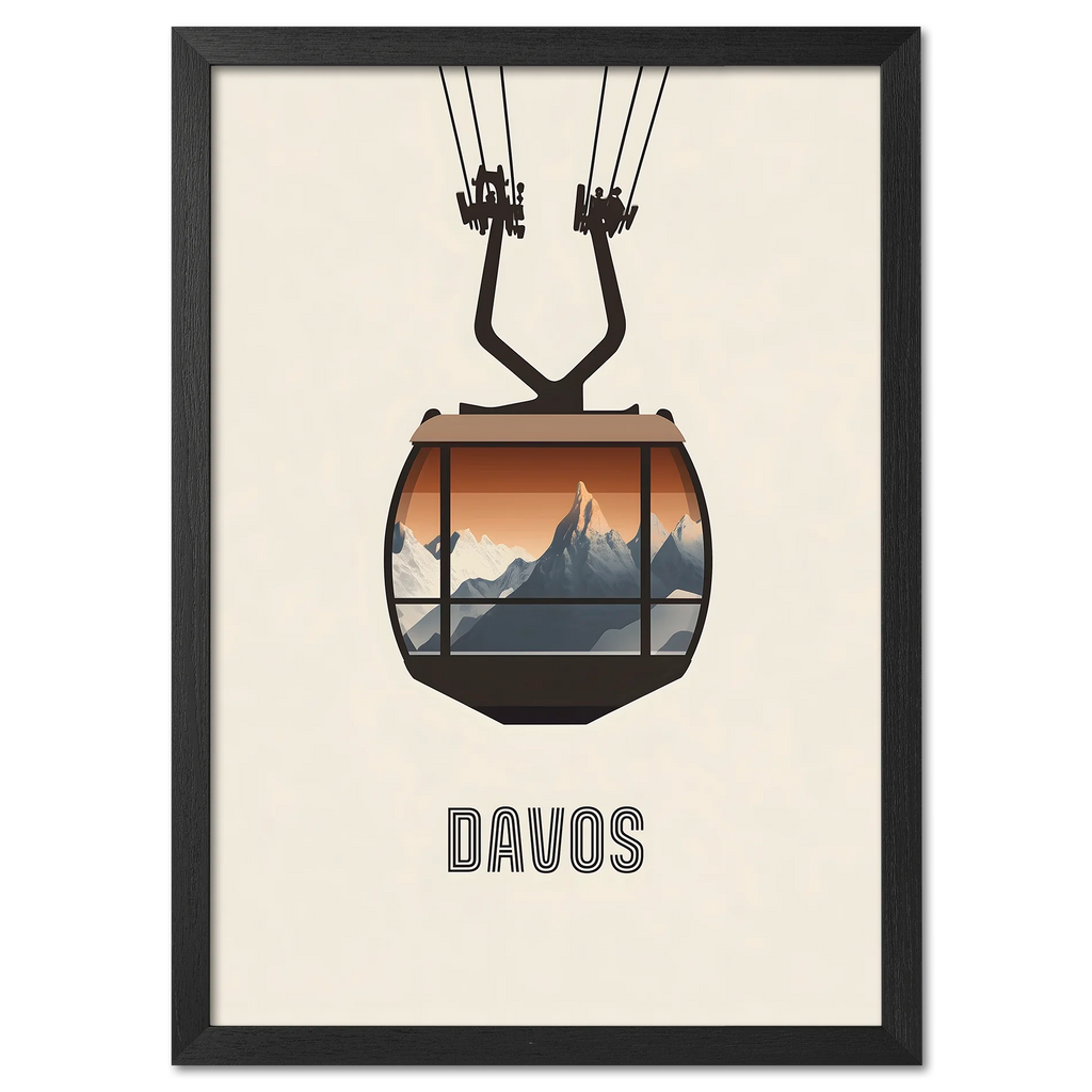 Davos – Cable Car Journey - Poster featuring a cable car with a sunrise over mountain peaks.