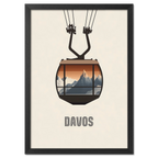 Davos – Cable Car Journey - Poster featuring a cable car with a sunrise over mountain peaks.