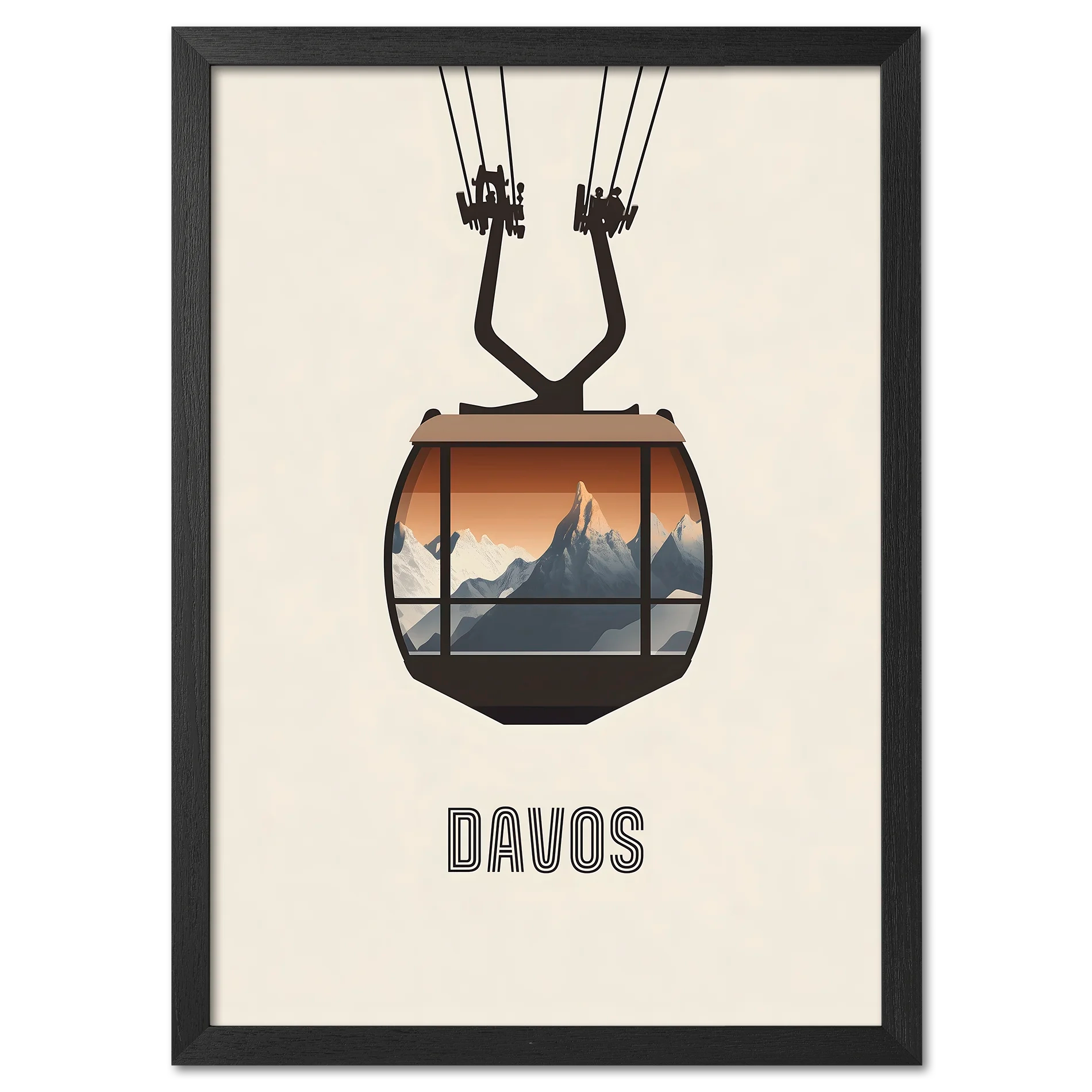 Davos – Cable Car Journey - Poster featuring a cable car with a sunrise over mountain peaks.