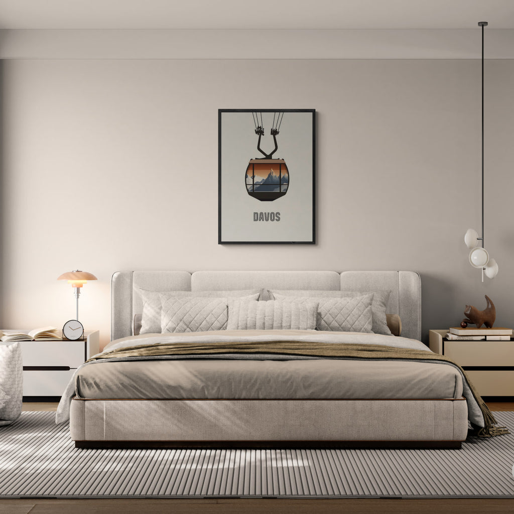 Davos – Cable Car Journey - Poster displayed in a modern bedroom with minimalist decor and warm lighting.