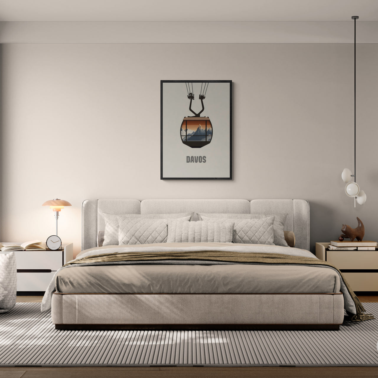 Davos – Cable Car Journey - Poster displayed in a modern bedroom with minimalist decor and warm lighting.