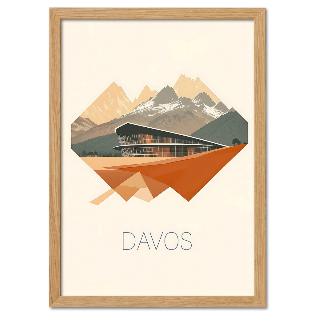 Davos – Geometric Harmony - Poster featuring a modern building and mountain peaks in warm tones.