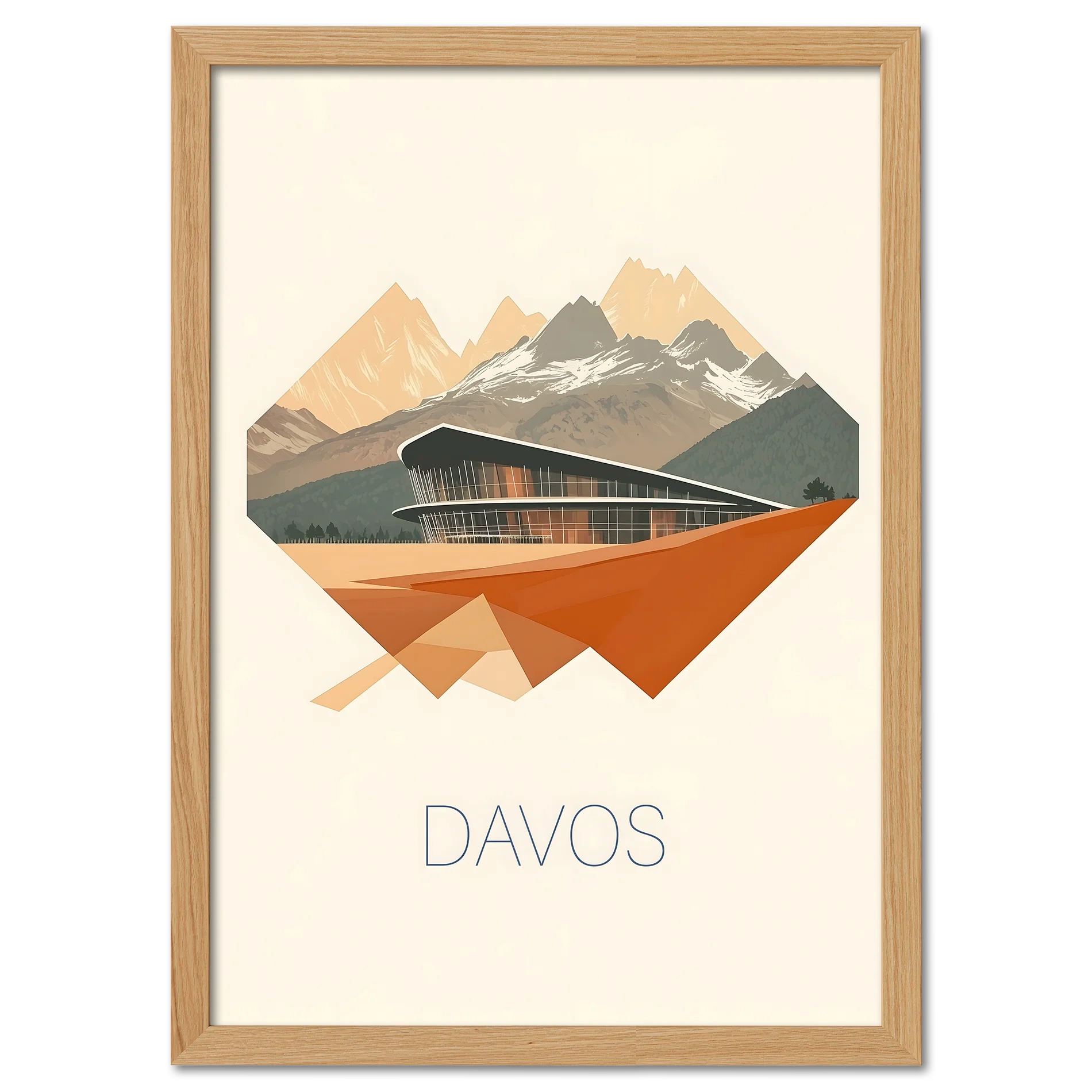 Davos – Geometric Harmony - Poster featuring a modern building and mountain peaks in warm tones.
