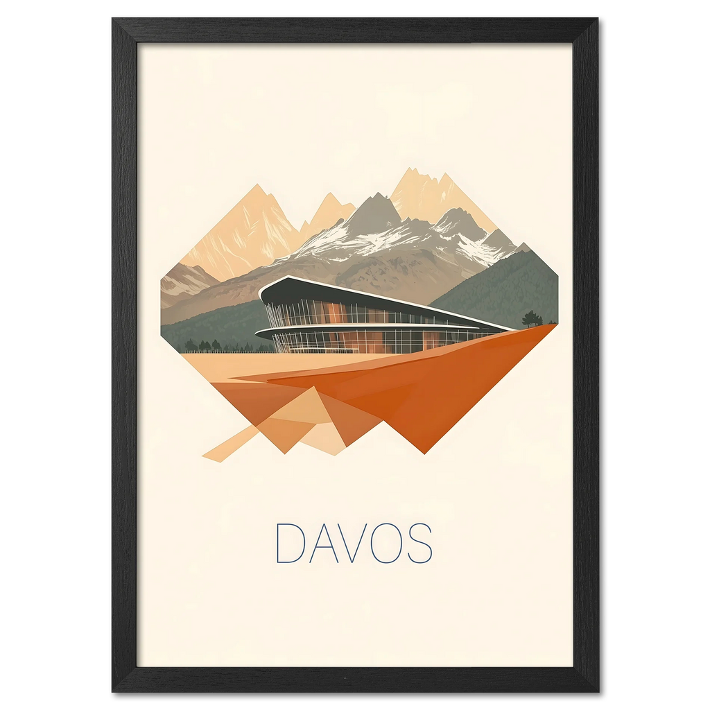 Davos – Geometric Harmony - Poster showcasing modern architecture and mountain peaks in warm colors.