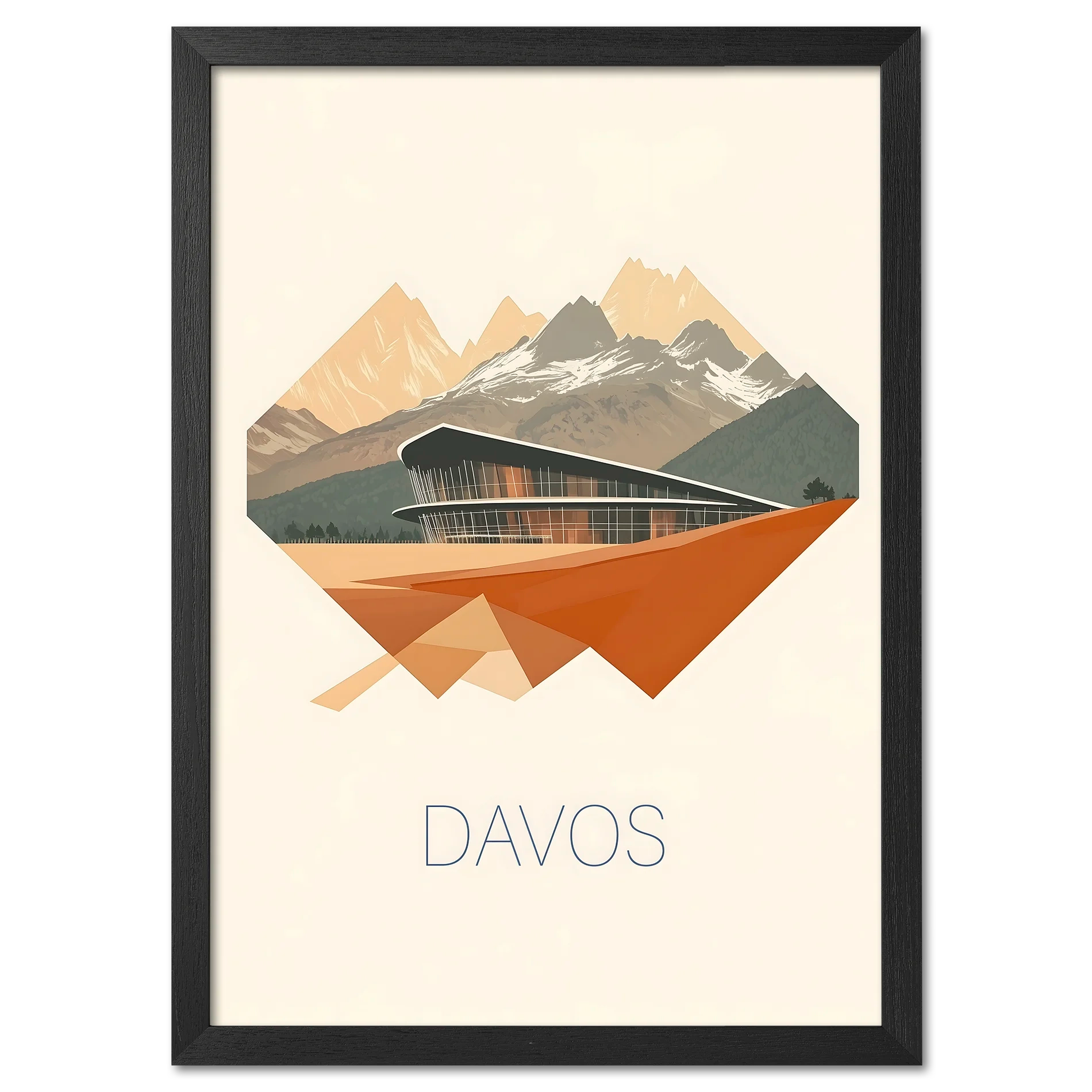 Davos – Geometric Harmony - Poster showcasing modern architecture and mountain peaks in warm colors.