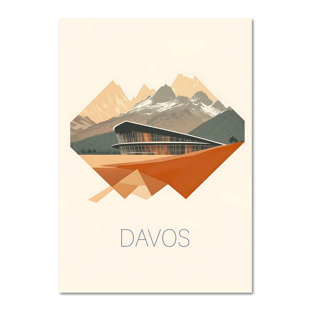 Davos – Geometric Harmony - Poster featuring sharp mountain peaks and a contemporary building in warm tones.