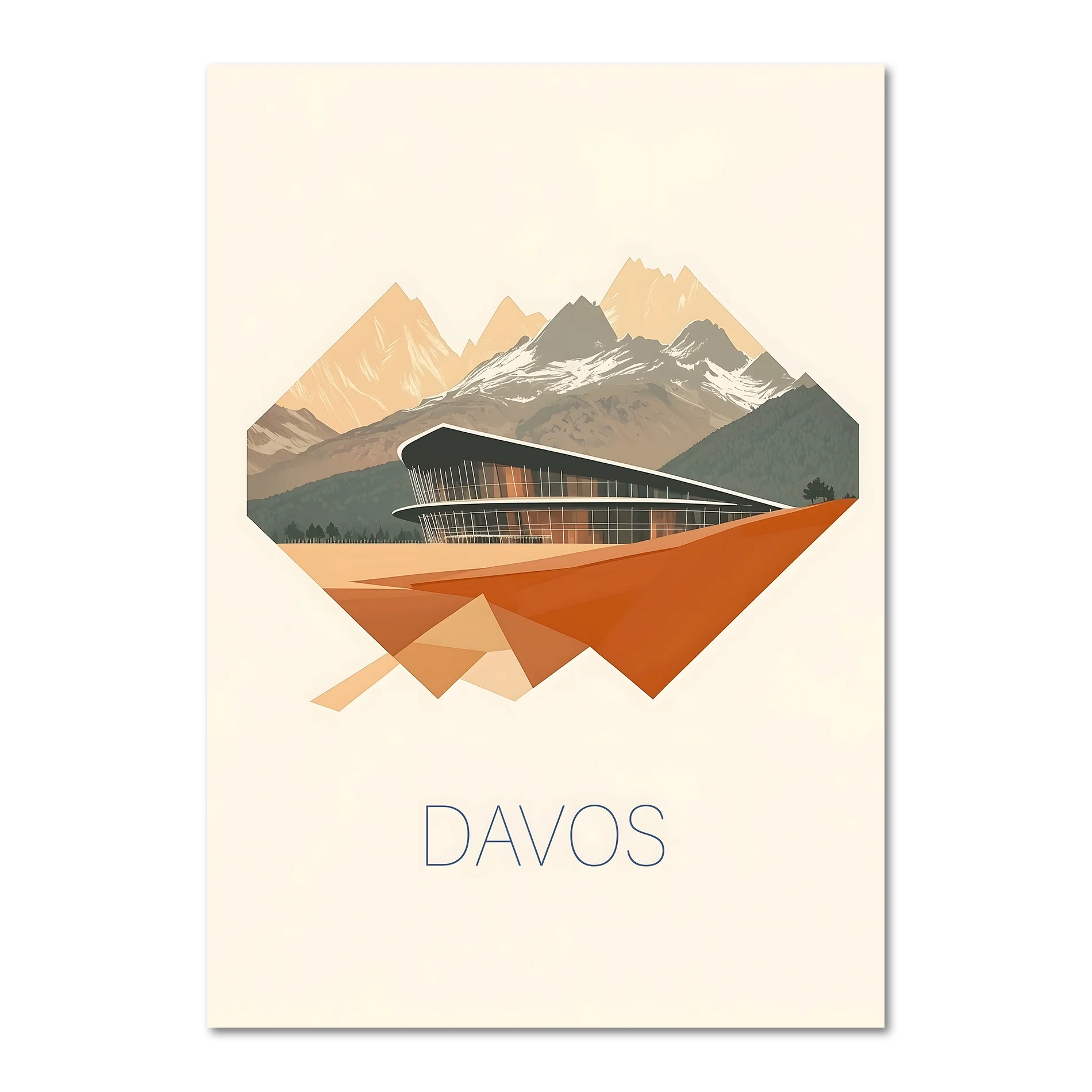 Davos – Geometric Harmony - Poster featuring sharp mountain peaks and a contemporary building in warm tones.