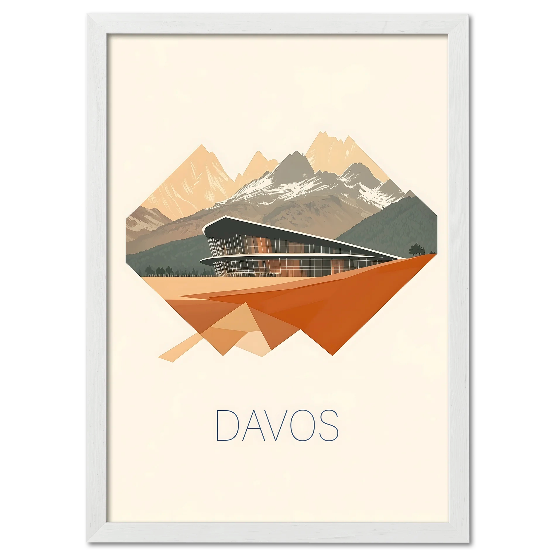 Davos – Geometric Harmony - Poster showcasing modern geometric design with mountain peaks and contemporary architecture.