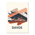 Davos – Glass & Snow - Poster featuring a modern building against mountainous backdrop, showcasing contemporary alpine art.