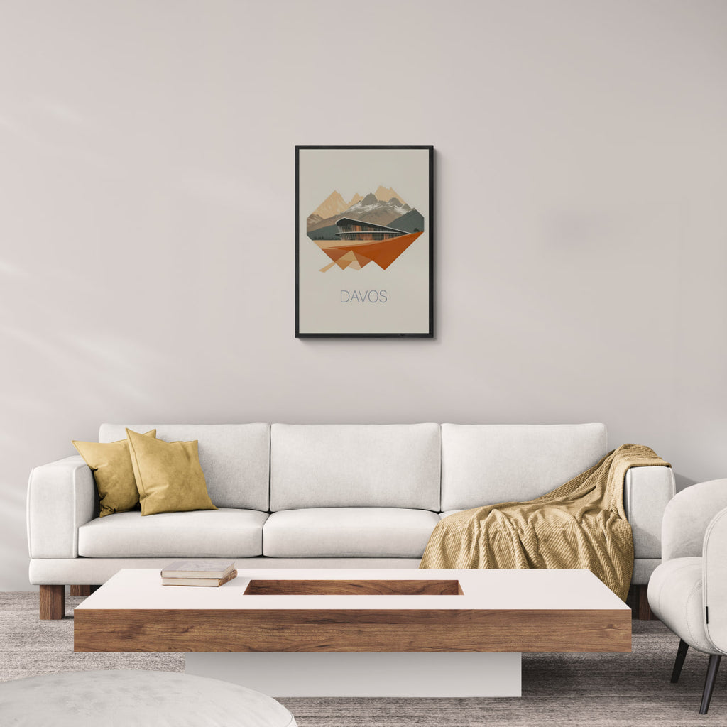 Davos – Glass & Snow - Poster framed above a modern couch in a stylish living room, showcasing wall art.