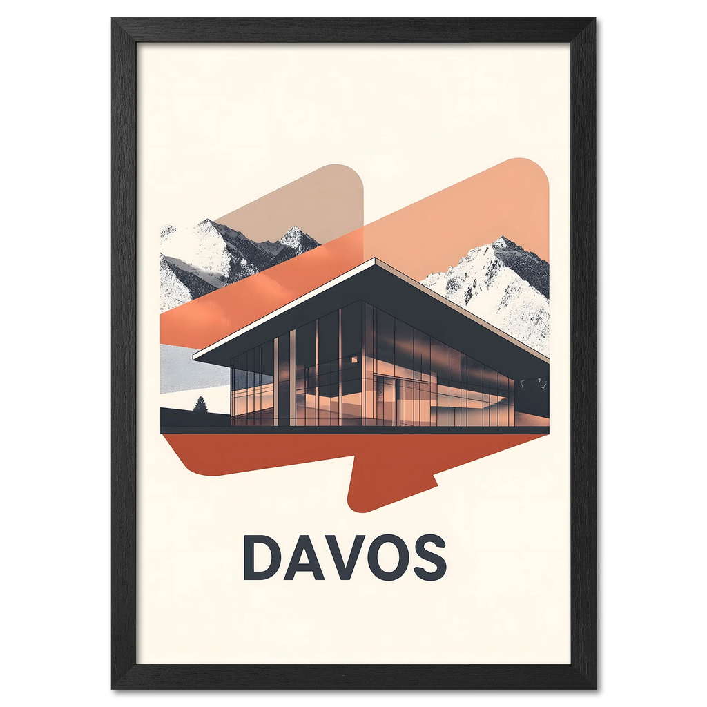 Davos – Glass & Snow - Poster featuring a modern glass building with mountains in the background and a contemporary design.