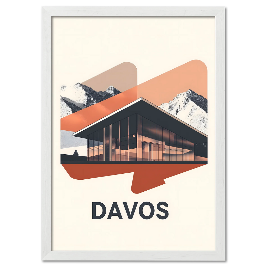 Davos – Glass & Snow - Poster featuring a modern building with snowy mountains in the background, showcasing a contemporary design.