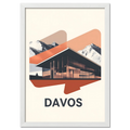 Davos – Glass & Snow - Poster featuring a modern building with snowy mountains in the background, showcasing a contemporary design.
