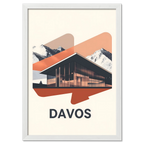 Davos – Glass & Snow - Poster featuring a modern building with snowy mountains in the background, showcasing a contemporary design.