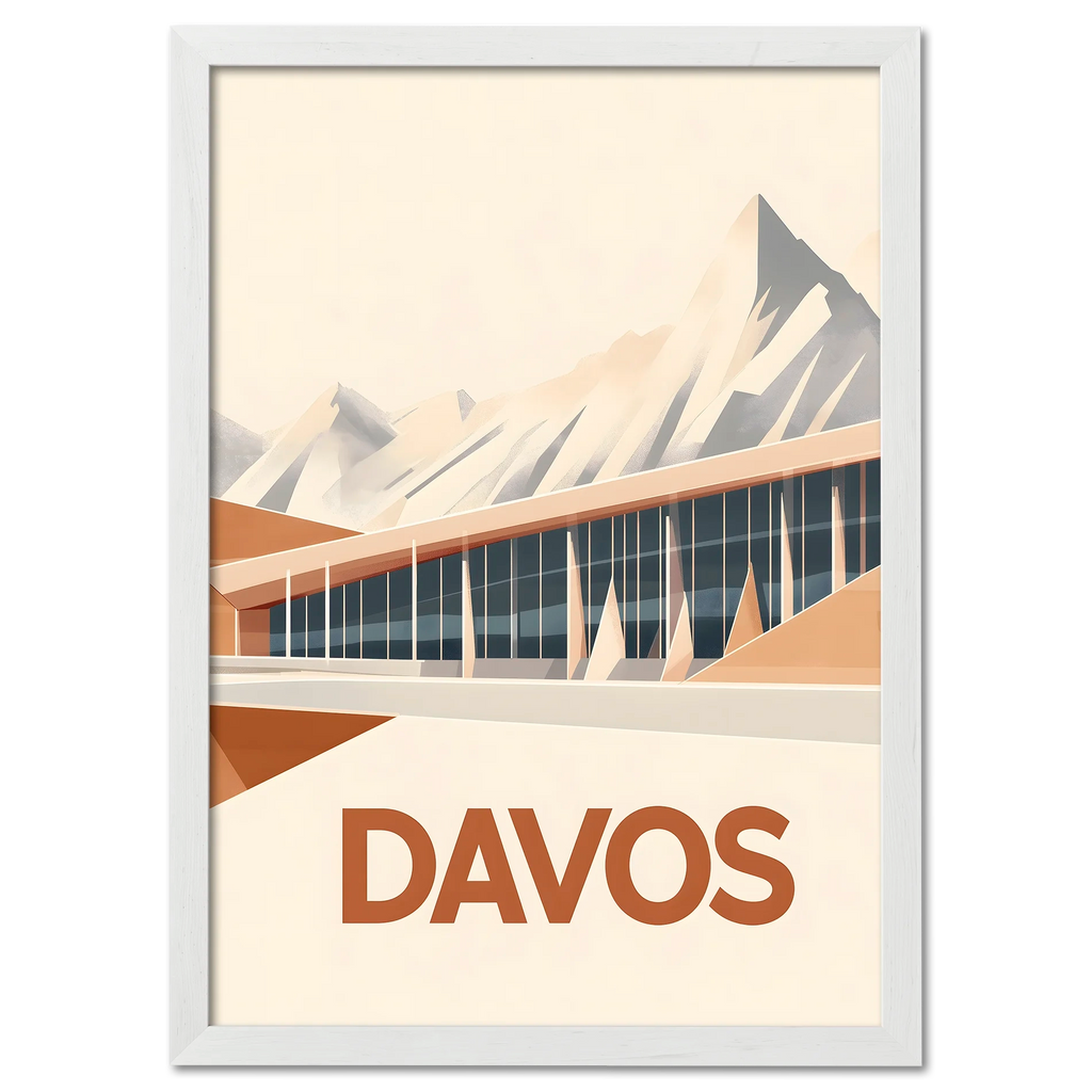 Davos – Peaks & Innovation - Poster featuring modern architecture with geometric mountains in warm tones.