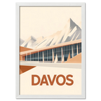 Davos – Peaks & Innovation - Poster featuring modern architecture with geometric mountains in warm tones.