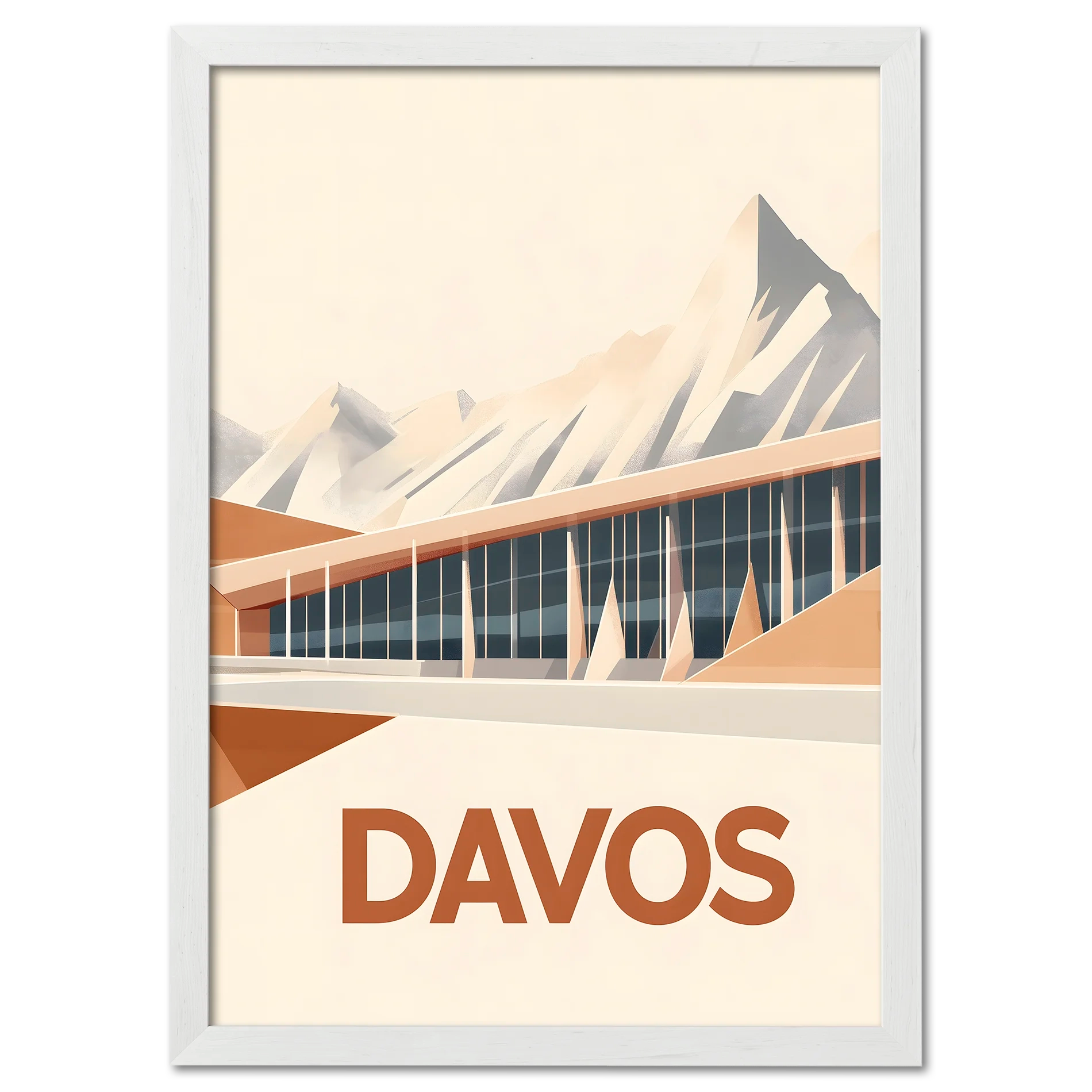 Davos – Peaks & Innovation - Poster featuring modern architecture with geometric mountains in warm tones.