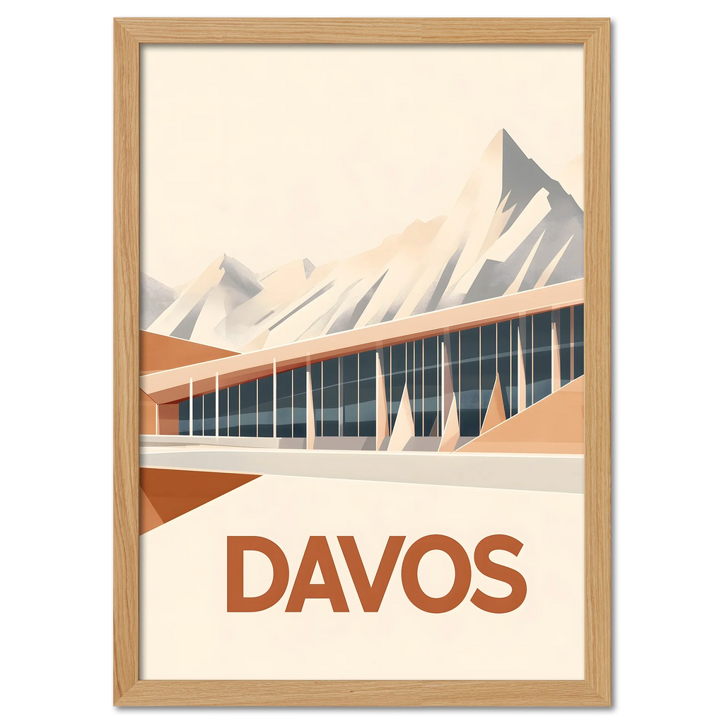 Davos – Peaks & Innovation - Poster featuring modern architecture and mountains in warm hues.
