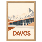 Davos – Peaks & Innovation - Poster featuring modern architecture and mountains in warm hues.
