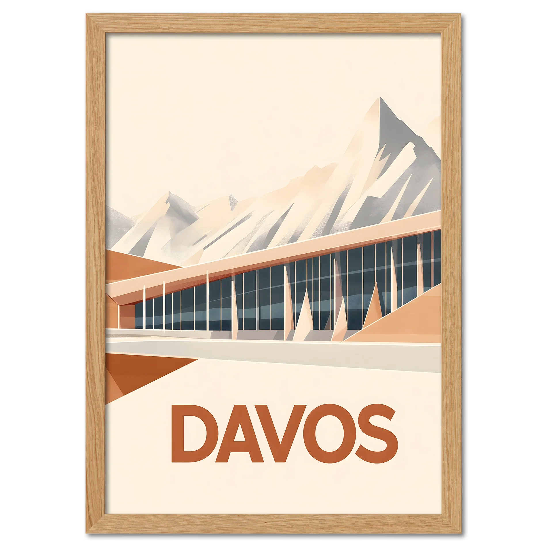 Davos – Peaks & Innovation - Poster featuring modern architecture and mountains in warm hues.