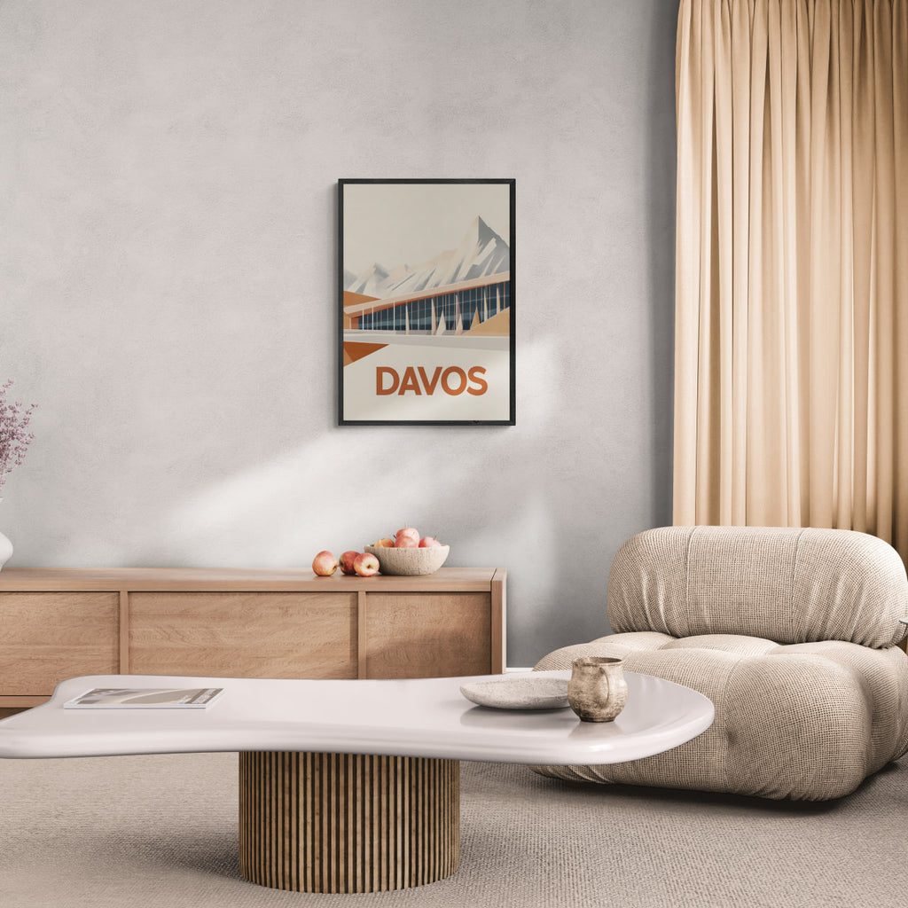 Davos – Peaks & Innovation - Poster displayed in a stylish living room with modern furniture.