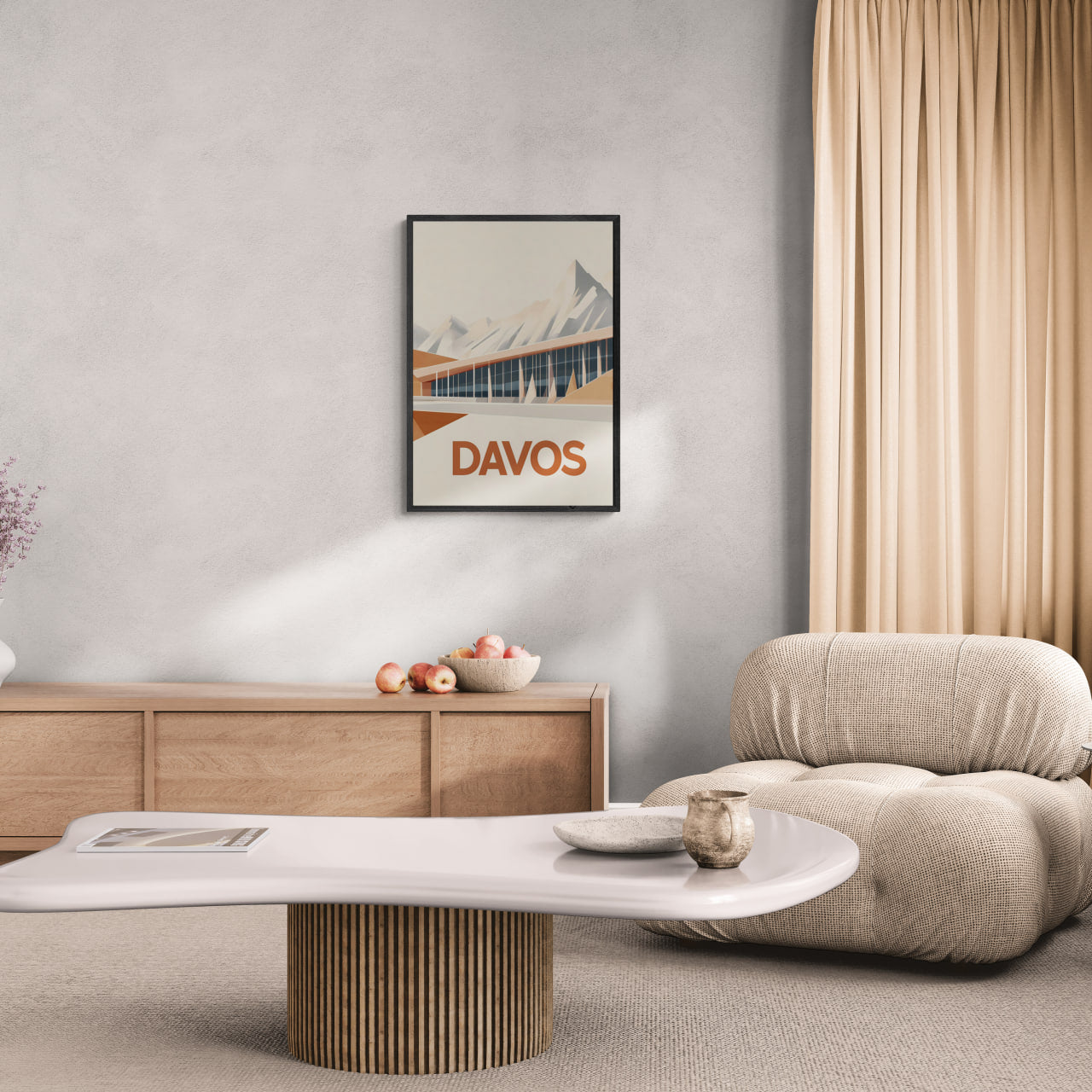 Davos – Peaks & Innovation - Poster displayed in a stylish living room with modern furniture.