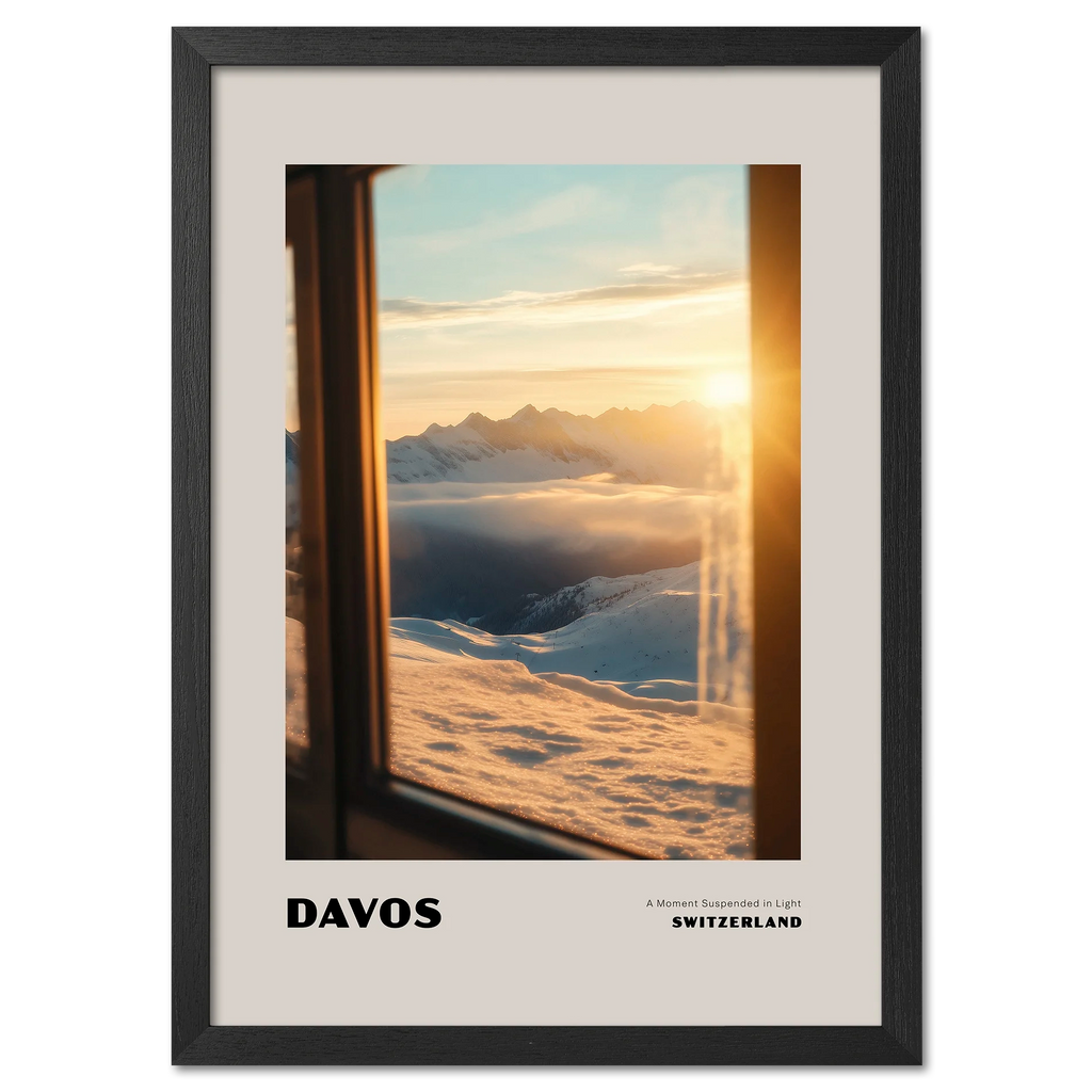 Davos - A Moment Suspended in Light - Poster showing a sunset over snowy mountains in Switzerland.