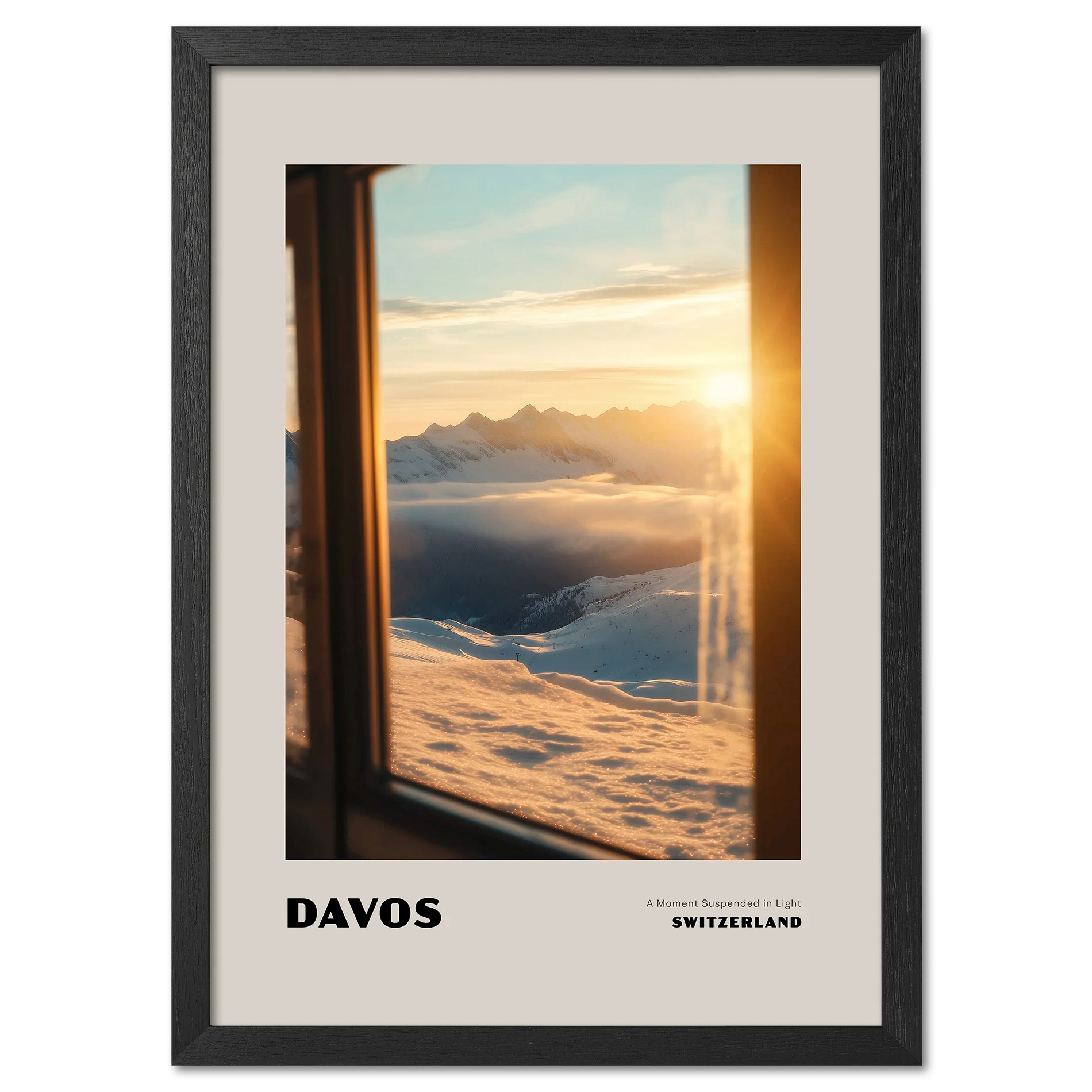 Davos - A Moment Suspended in Light - Poster showing a sunset over snowy mountains in Switzerland.
