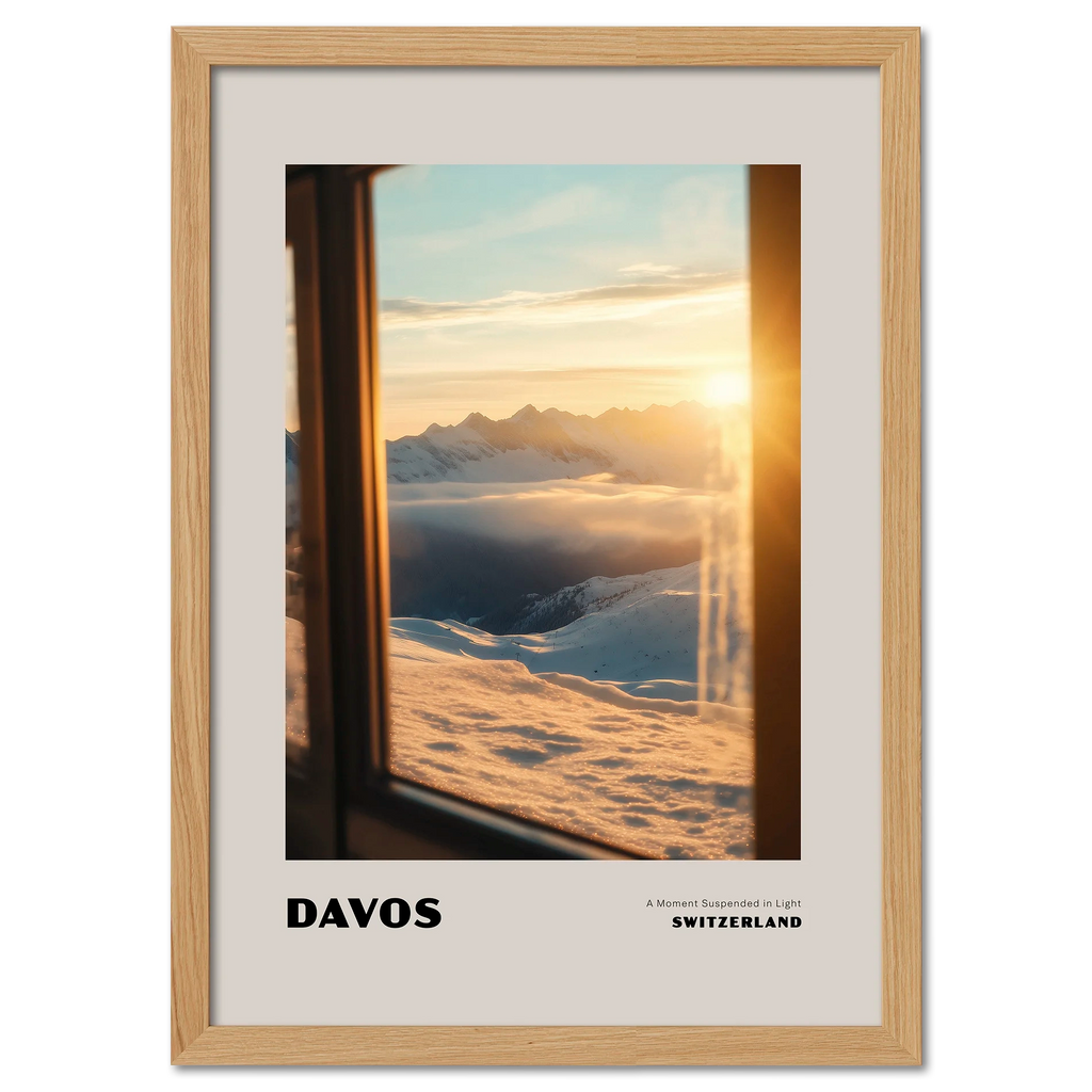 Davos - A Moment Suspended in Light - Poster showcasing golden sunset over snowy mountains in Switzerland.