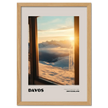 Davos - A Moment Suspended in Light - Poster showcasing golden sunset over snowy mountains in Switzerland.