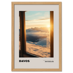Davos - A Moment Suspended in Light - Poster showcasing golden sunset over snowy mountains in Switzerland.
