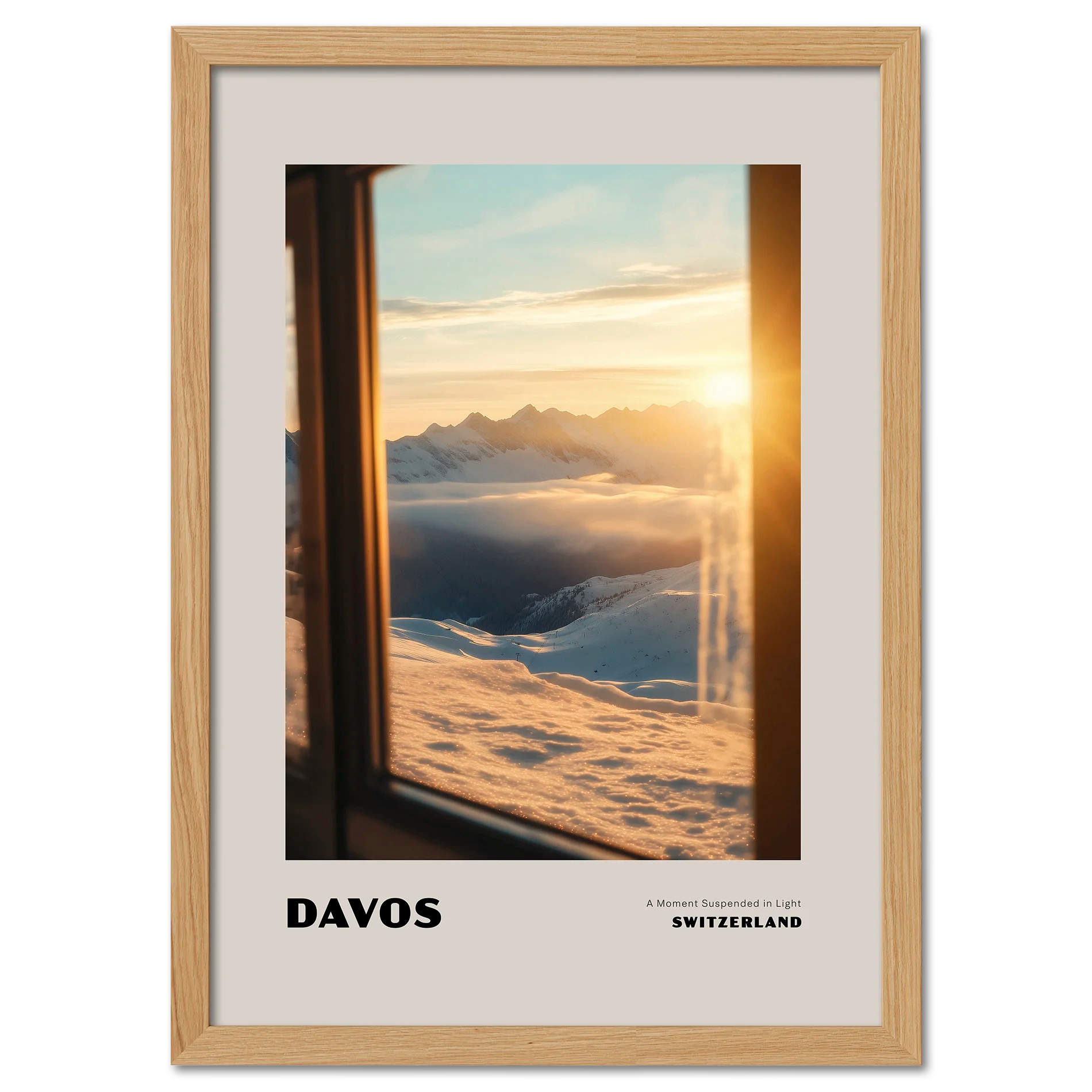Davos - A Moment Suspended in Light - Poster showcasing golden sunset over snowy mountains in Switzerland.
