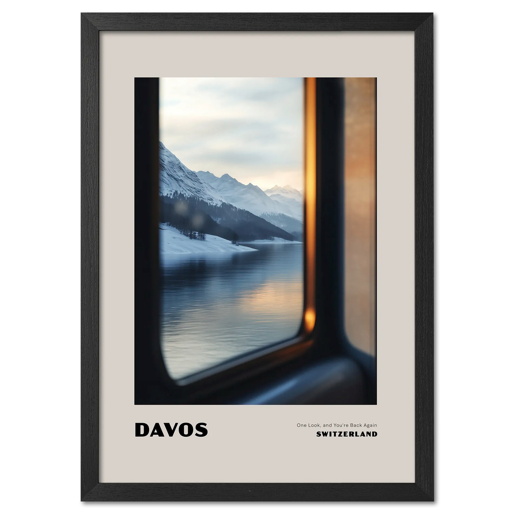 Davos - One Look, and You’re Back Again - Poster featuring a serene winter landscape of Davos through a train window.