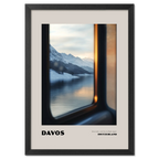Davos - One Look, and You’re Back Again - Poster featuring a serene winter landscape of Davos through a train window.