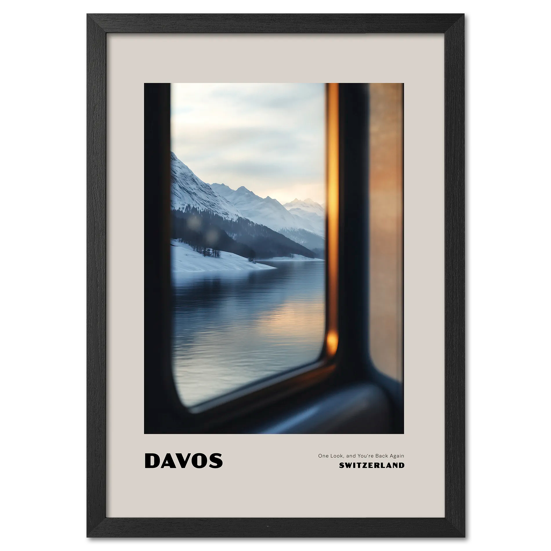 Davos - One Look, and You’re Back Again - Poster featuring a serene winter landscape of Davos through a train window.