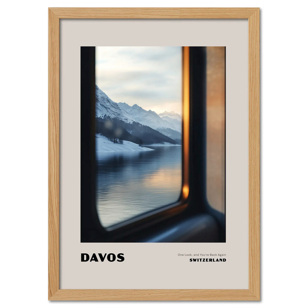 Davos - One Look, and You’re Back Again - Poster featuring a winter view through a train window.