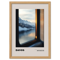 Davos - One Look, and You’re Back Again - Poster featuring a winter view through a train window.