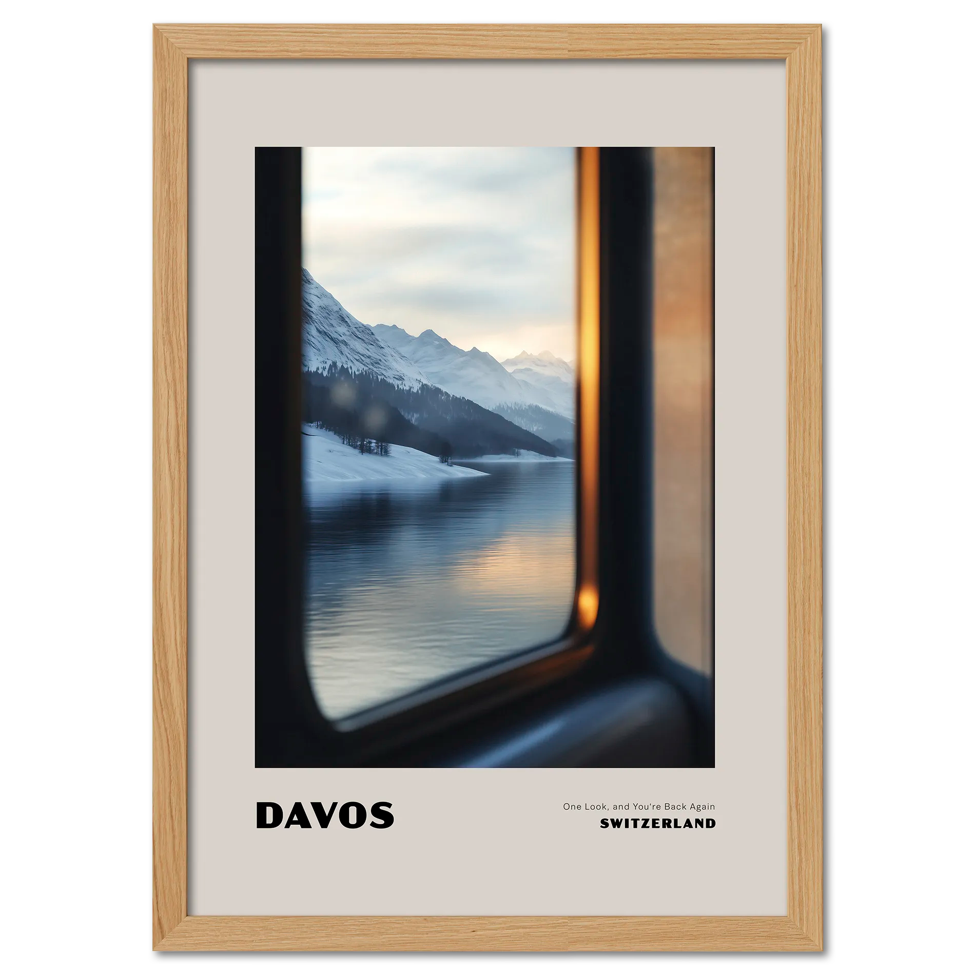 Davos - One Look, and You’re Back Again - Poster featuring a winter view through a train window.