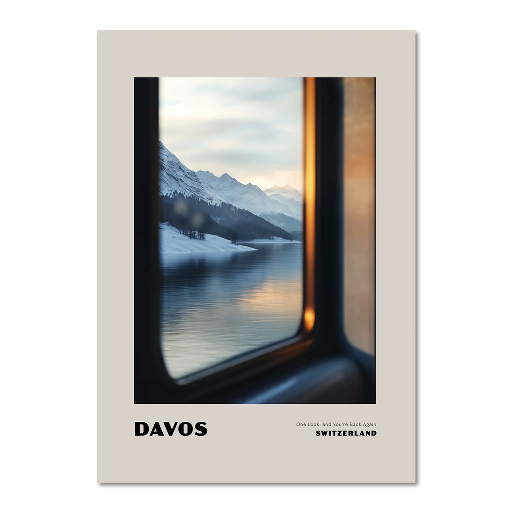 Davos - One Look, and You’re Back Again - Poster featuring a scenic winter view through a train window.