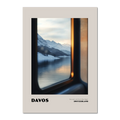 Davos - One Look, and You’re Back Again - Poster featuring a scenic winter view through a train window.